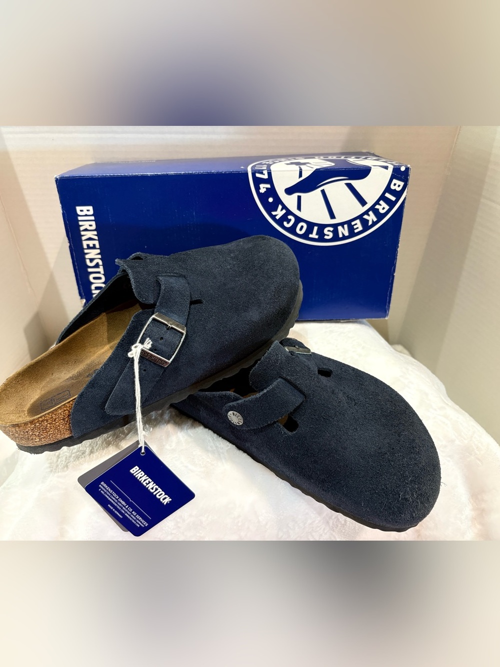 Birkenstock Boston Navy Blue Suede Slip-On Clogs With Adjustable Buckle Size 38